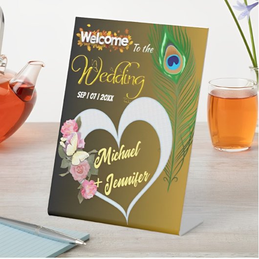 Signe De Table Elégant Peacock Feather & Rose Mariage personnalis