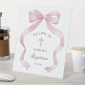 Signe De Table Élégant Pink Bow Baptism Bienvenue (In SItu)