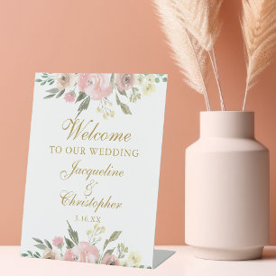 Signe De Table Elégant rose Floral Gold Bienvenue à notre Mariage