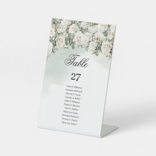 Signe De Table Elégant Roses Blanches Verdure et mariage Or (Recto)