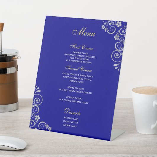 Signe De Table Elégant Royal Blue Silver Script Menu Mariage (In SItu)