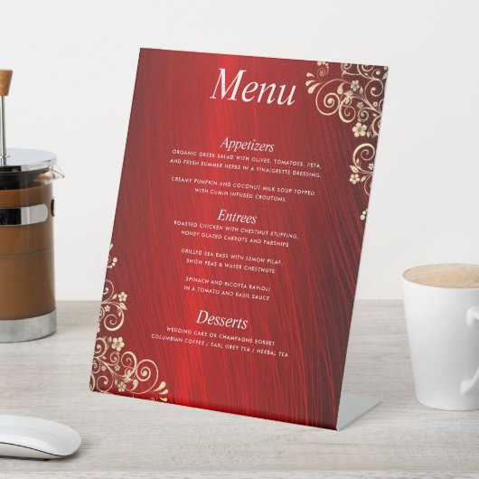 Signe De Table Elégant Ruby Red Trois Parcours Mariage Dîner Menu (In SItu)