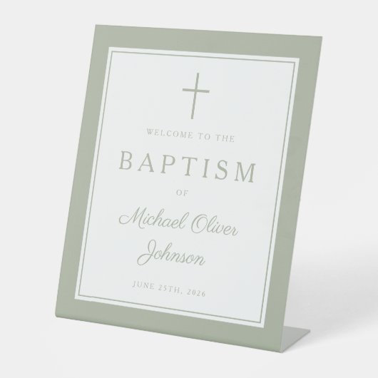 Signe De Table Elegant Sage Green Cross Boy Baptism Welcome (Recto)