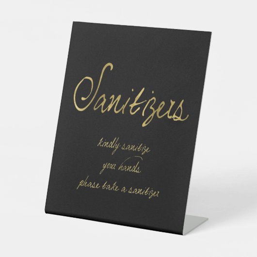 Signe De Table Élégant Script Black Gold Sanitizers Mariage (Recto)