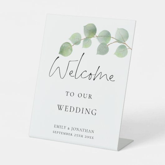 Signe De Table Élégant script Eucalyptus Bienvenue au Mariage (Recto)
