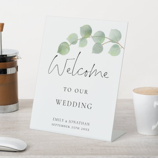 Signe De Table Élégant script Eucalyptus Bienvenue au Mariage (In SItu)
