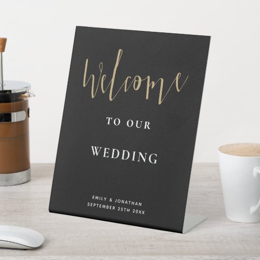 Signe De Table Élégant Script Gold Noir Bienvenue au Mariage (In SItu)