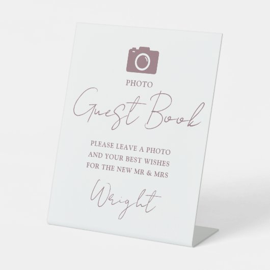 Signe De Table Élégant Script Mauve Photo Guest Book Mariage (Recto)