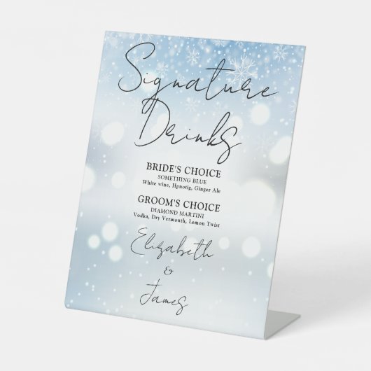 Signe De Table Élégant Script Signature Boissons Snowflakes hiver (Recto)