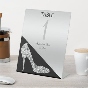 Signe De Table Elégant Sequin Stiletto, Argent et Noir Anniversai