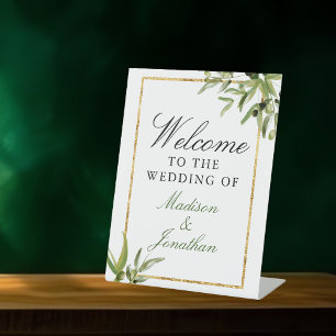 Signe De Table Elégant Vert or Botanique Vin Mariage Bienvenue