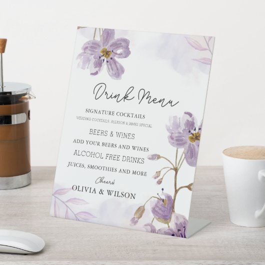 Signe De Table Élégant violet Mariage Floral Menu Boisson (In SItu)