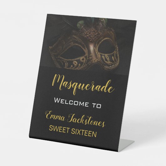 Signe De Table Elégant Welcome Gold Black Masquerade Anniversaire (Recto)