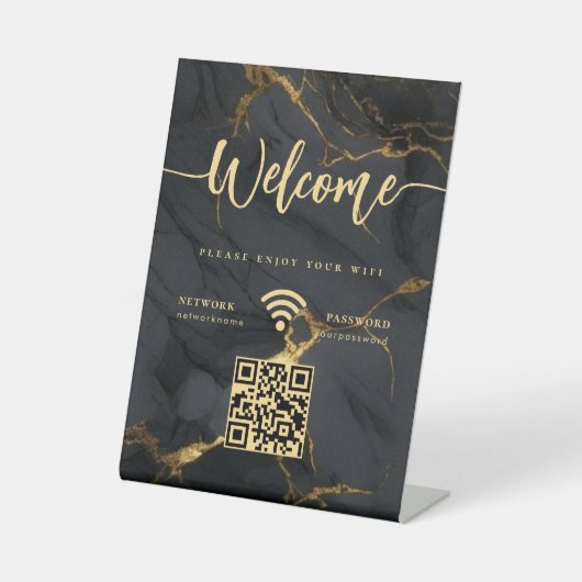 Signe De Table Elegant Welcome Script WIFI Agate Black Marble (Recto)