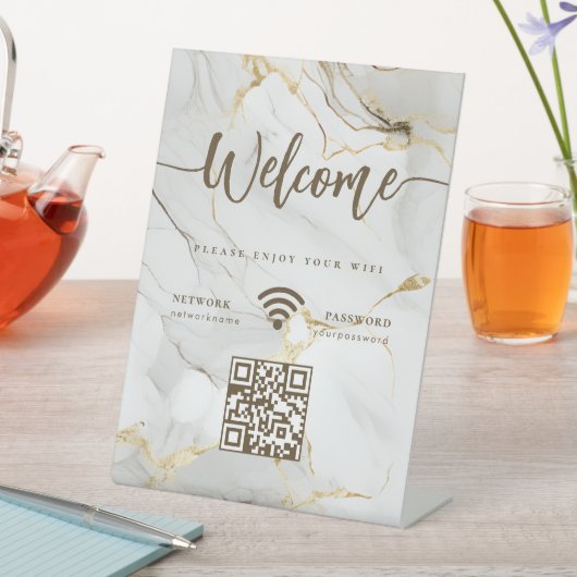 Signe De Table Elegant Welcome Script WIFI QR Code Agate Marble (In SItu)