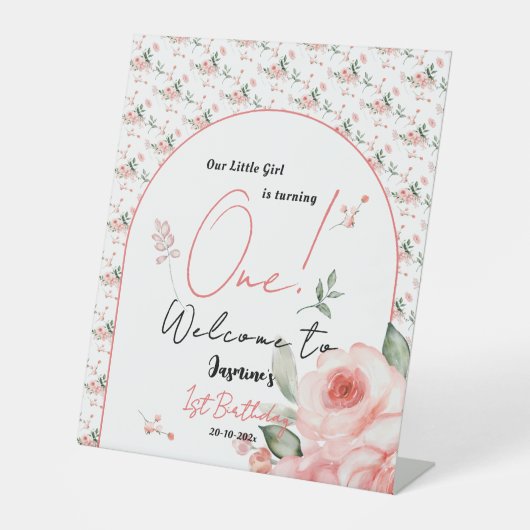 Signe De Table Elégante aquarelle Rose fille 1er anniversaire Bie (Recto)