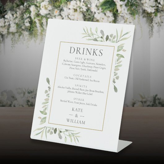 Signe De Table Elégante aquarelle verdure Mariage Boissons Menu