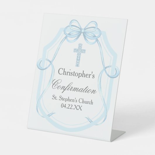 Signe De Table Élégante Bleu Ruban Bow Confirmation Party (Recto)