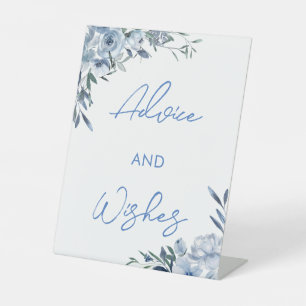Signe De Table Élégante pancarte de vœux et fleurs bleues poussié