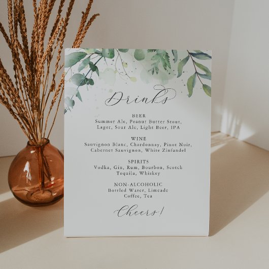 Signe De Table Élégante verdure Mariage Boissons Menu Signer