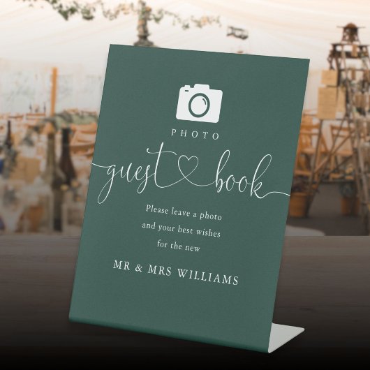 Signe De Table Emerald Green Heart Script Photo Livre d'invité