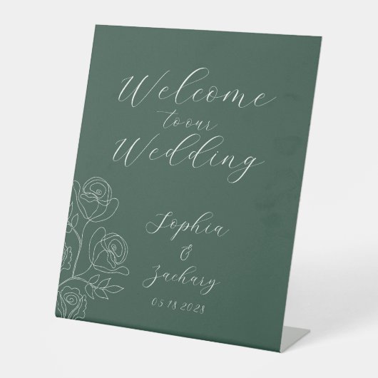 Signe De Table Emerald White Roses Calligraphie Bienvenue Mariage (Recto)