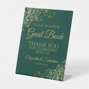 Signe De Table Emeraude et Or S'il Vous Plaît Signez Notre Livre
