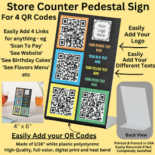 Signe De Table Entièrement modifiable, 4 x codes QR, avec texte e