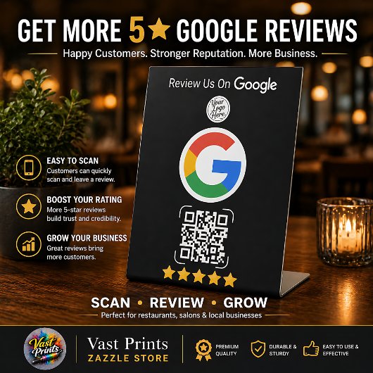 Signe De Table Entreprise d'avis Google noir debout avec code QR