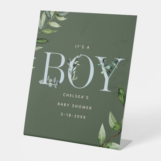 Signe De Table Eucalyptus Letting Blue Boy Baby shower Bienvenue (Recto)