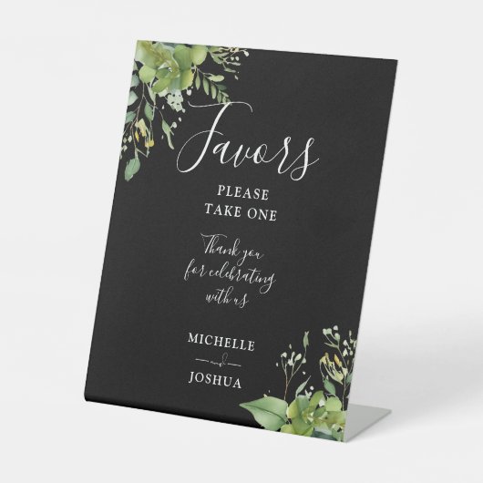 Signe De Table Eucalyptus Vert Floral Noir Et Blanc Faveurs (Recto)