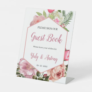 Signe De Table Faire-part de livre d'or hexagone à fleurs roses c