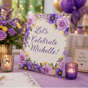 Signe De Table Faisons la fête avec des fleurs violettes pour un 