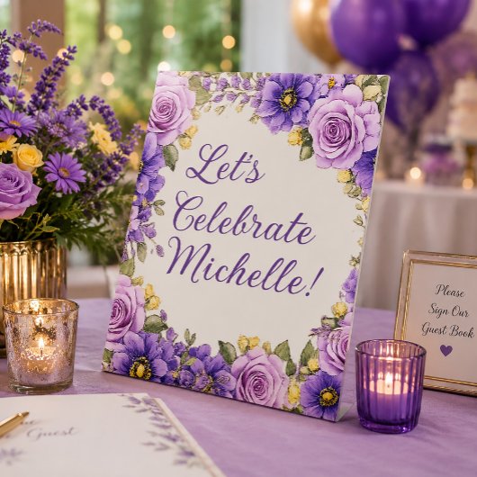Signe De Table Faisons la fête avec des fleurs violettes pour un