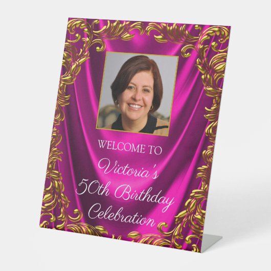Signe De Table Femme Fuchsia Gold Photo Birthday Welcome Table (Recto)