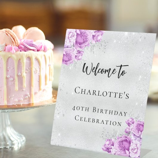 Signe De Table Fête d'anniversaire argent rose violet fleurs accu