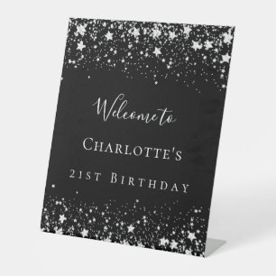 Signe De Table fête d'anniversaire noir argent étoiles bienvenue