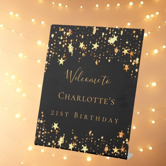 Signe De Table fête d'anniversaire noir étoiles d'or bienvenue