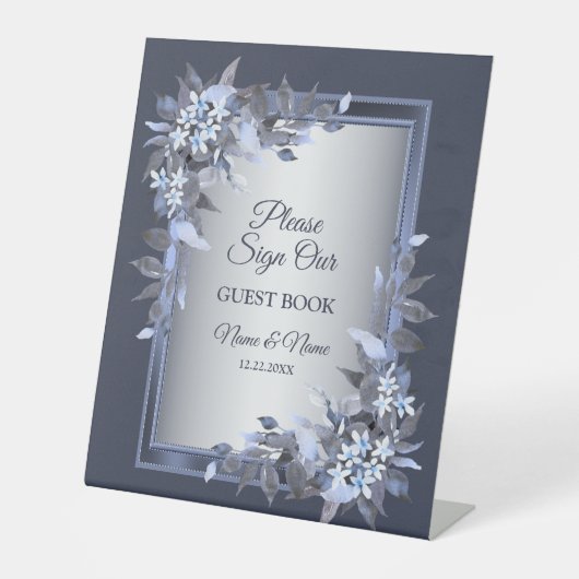 Signe De Table Fête de mariage Marine bleu Floral Argent gris élé (Recto)