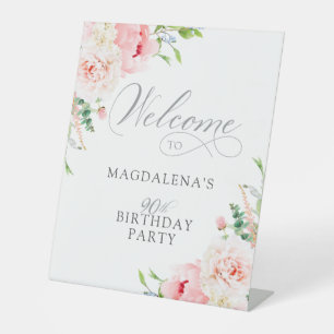 Signe De Table Fête des 90 ans Élégante Bienvenue Florale Rose