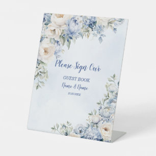 Signe De Table Fête Dusty Blue Watercolor Fleurs d'ivoire Feuille