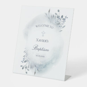 Signe De Table feuillage bleu poussiéreux Catholique Baptême de b
