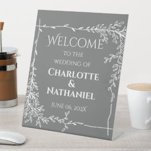 Signe De Table Feuilles blancs modernes sur Mariage gris Bienvenu
