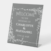 Signe De Table Feuilles blancs modernes sur Mariage gris Bienvenu (Recto)