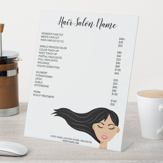 Signe De Table Fille Avec Long Black Flower Coiffeur Menu (In SItu)