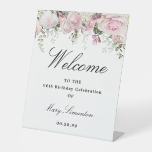 Signe De Table Fleur rose blanc 90e anniversaire Bienvenue
