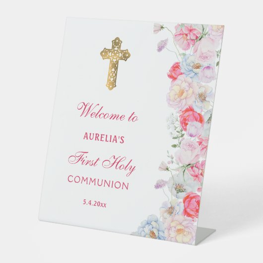 Signe De Table Fleurs aquarelles Accueil Première communion (Recto)