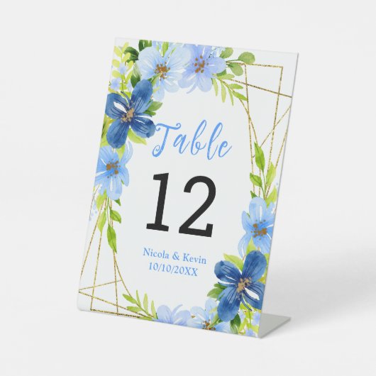 Signe De Table Fleurs bleues et navy avec feuillage (Recto)