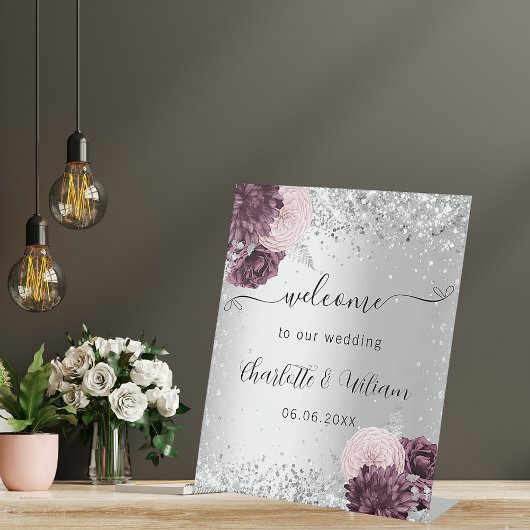 Signe De Table Fleurs rose bordeaux argenté bienvenue mariage
