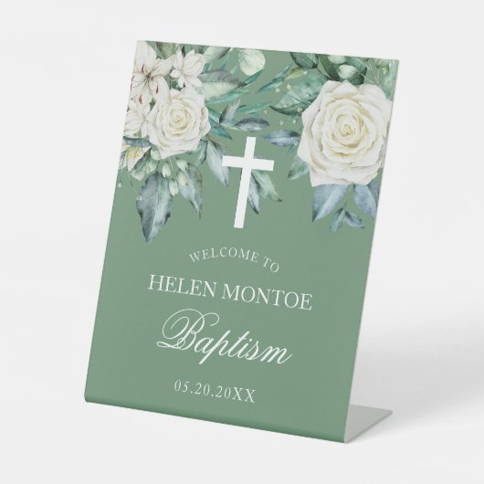 Signe De Table Fleurs roses Eucalyptus Baptême Vert (Recto)